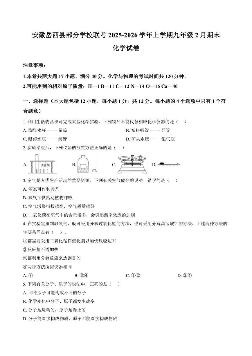 2025-2026学年安徽安庆市岳西县部分学校联考九年级上学期2月期末化学试题（含答案）第1页