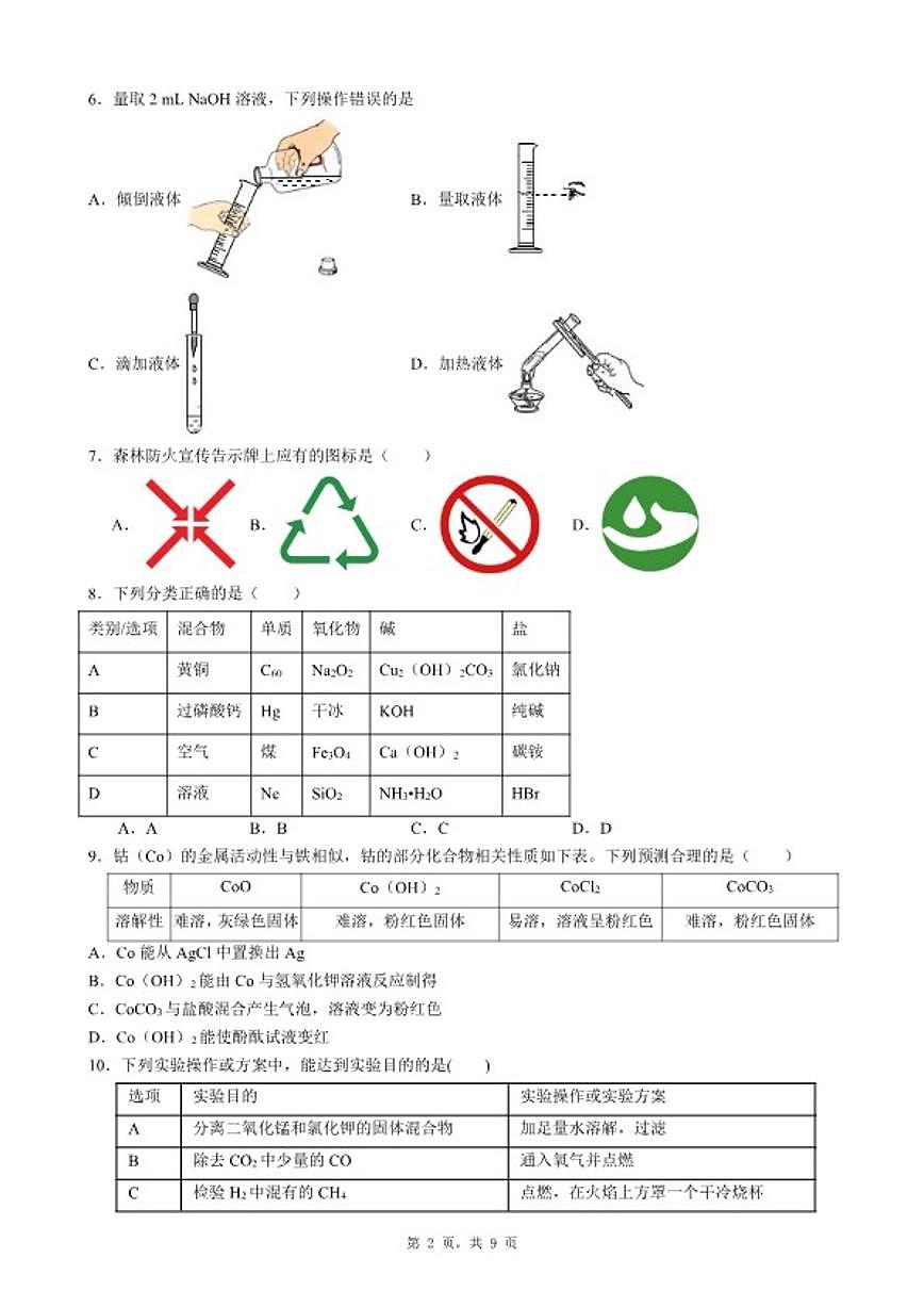 2025-2026学年广东省惠州市大亚湾区九年级上化学期末考前自测试卷（六）（含答案）第2页