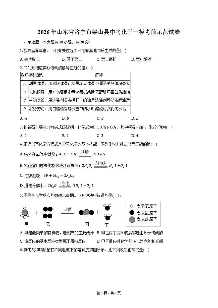 2026年山东省济宁市梁山县中考一模化学考前示范试卷（含答案）第1页