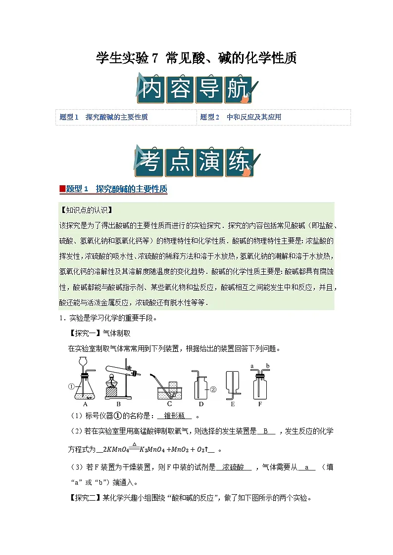 学生实验7 常见酸、碱的化学性质 2025-2026学年鲁教版2024初中化学九年级下册同步复习讲义（解析版）第1页