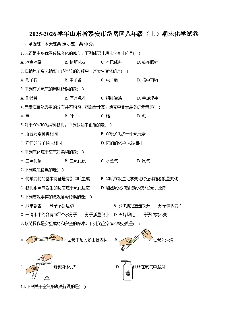 2025-2026学年山东省泰安市岱岳区八年级（上）期末化学试卷（含答案）第1页