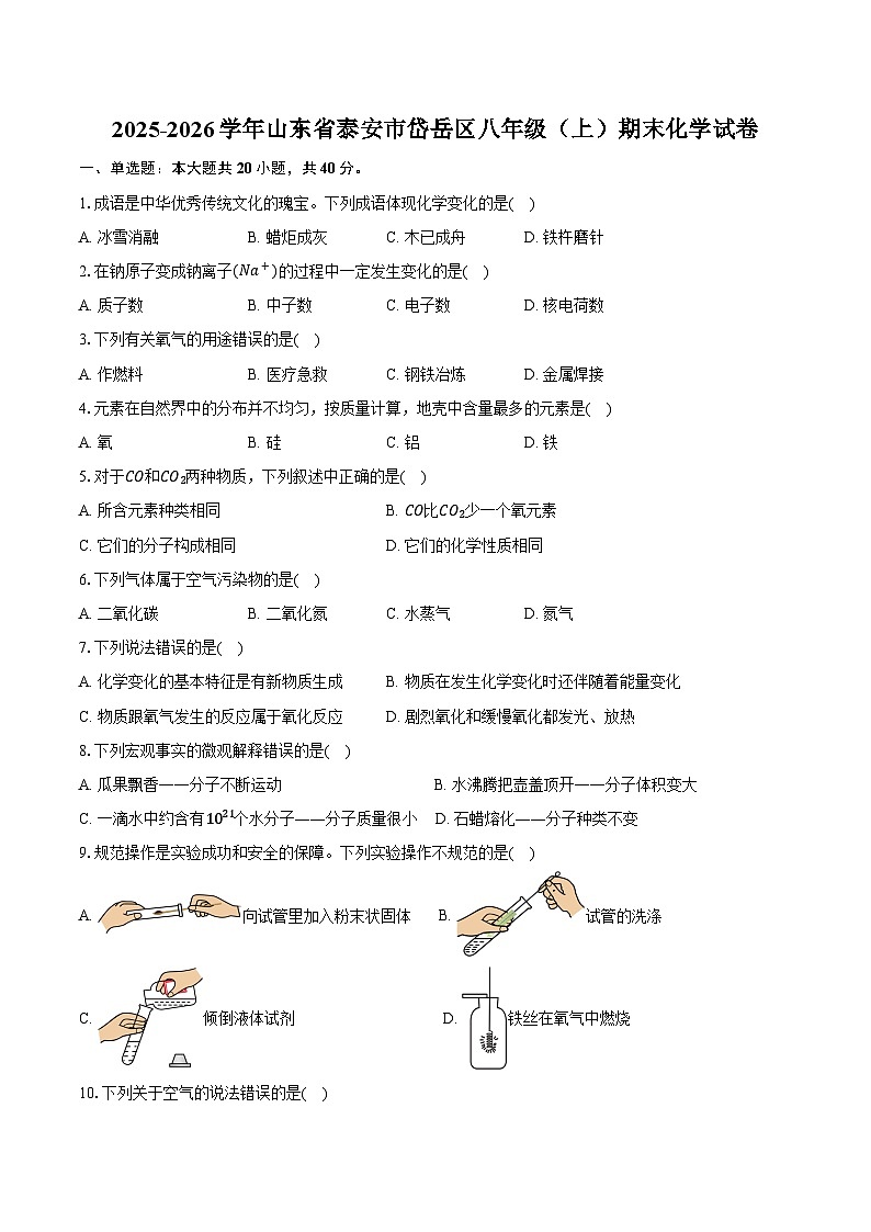 2025-2026学年山东省泰安市岱岳区八年级（上）期末化学试卷（含答案）第1页