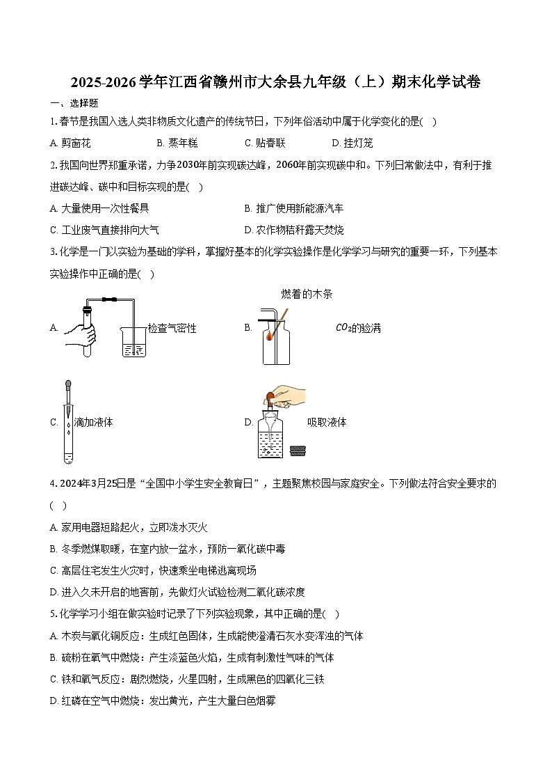 2025-2026学年江西省赣州市大余县九年级（上）期末化学试卷（含答案）第1页