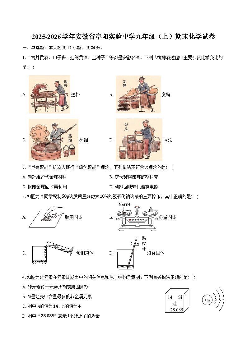 2025-2026学年安徽省阜阳实验中学九年级（上）期末化学试卷（含答案）第1页