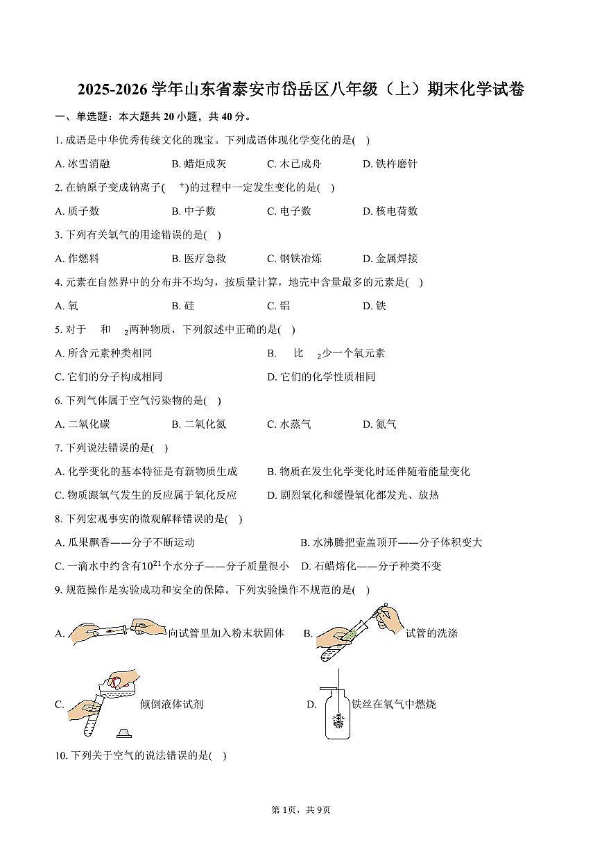 2025-2026学年山东省泰安市岱岳区八年级（上）期末化学试卷（含答案）第1页