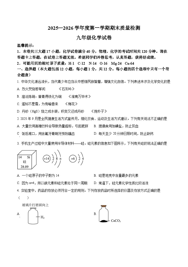 安徽省合肥市第三十八中学2025～2026学年九年级上学期期末考试化学试卷第1页