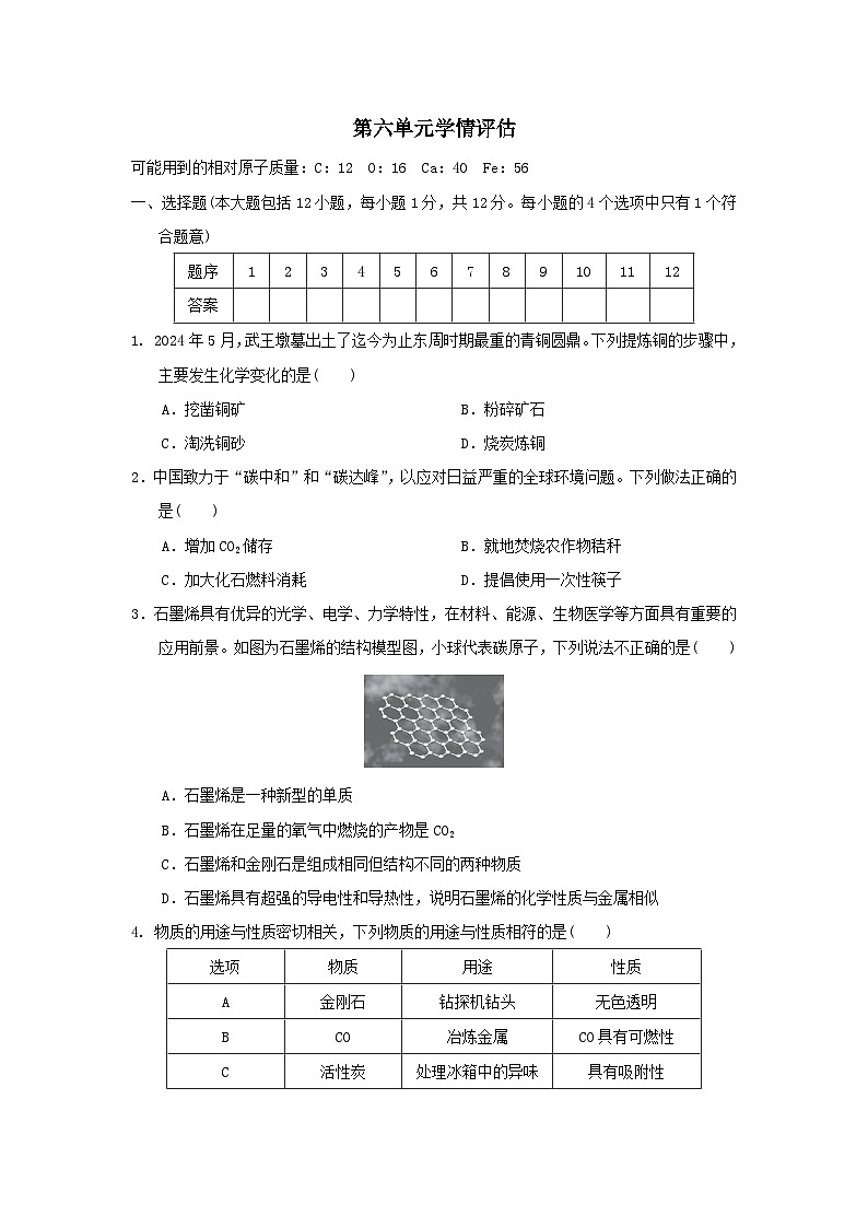 安徽省2025九年级化学上册第六单元碳和碳的氧化物学情评估试卷及答案（人教版）第1页