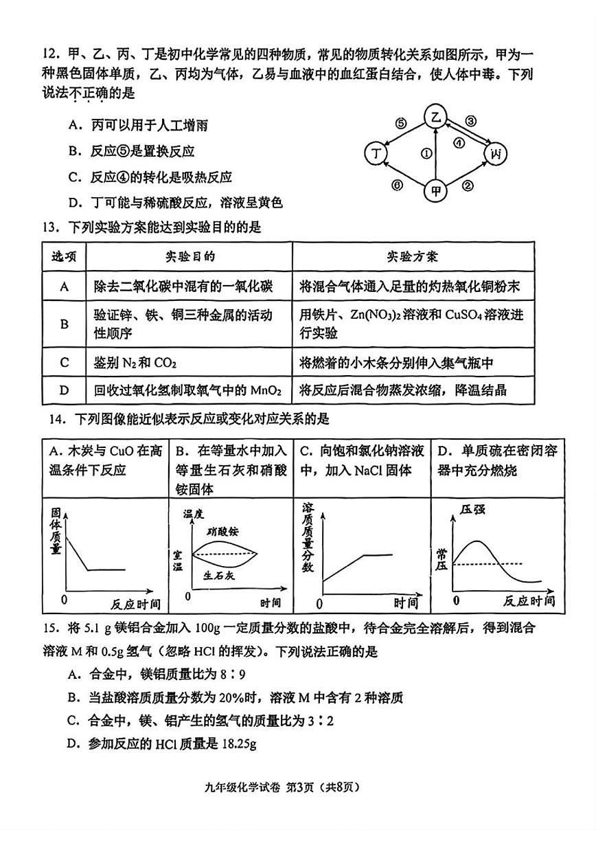 2025-2026学年天津市河西区九年级上学期期末考试化学_(含答案_)试卷第3页