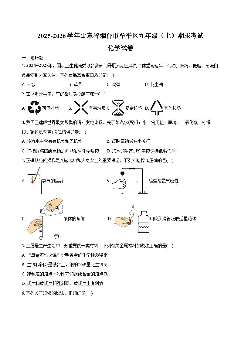 2025-2026学年山东省烟台市牟平区九年级（上）期末化学试卷（五四学制）（含答案）第1页