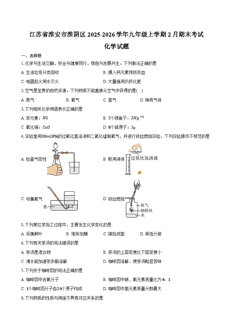 江苏省淮安市淮阴区2025-2026学年九年级上学期2月期末考试化学试卷（含答案）第1页