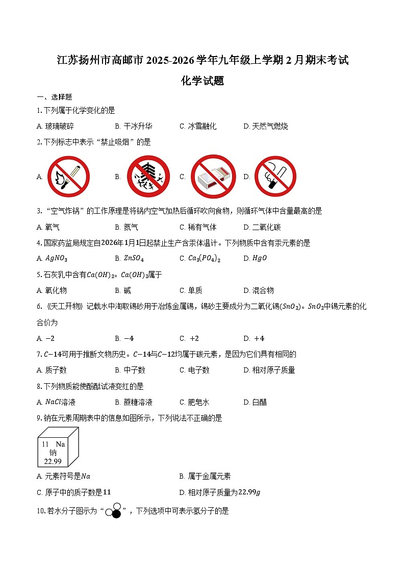 江苏扬州市高邮市2025-2026学年九年级上学期2月期末化学试卷（含答案）第1页