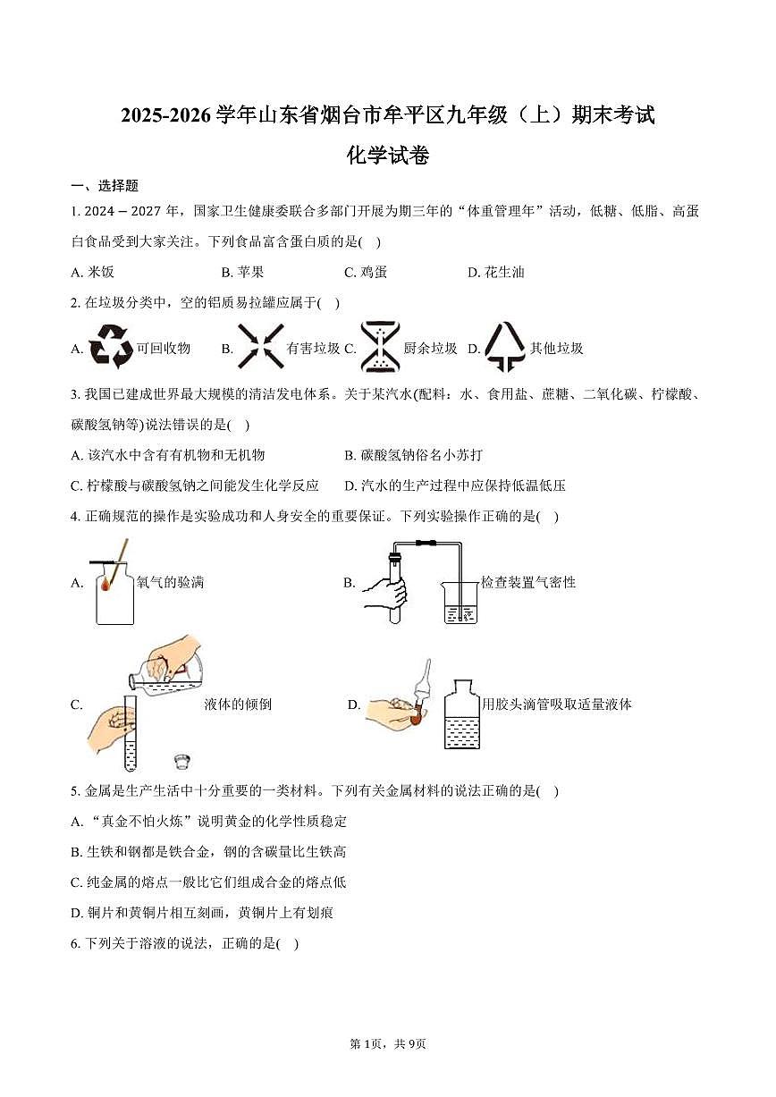 2025-2026学年山东省烟台市牟平区九年级（上）期末化学试卷（五四学制）（含答案）第1页
