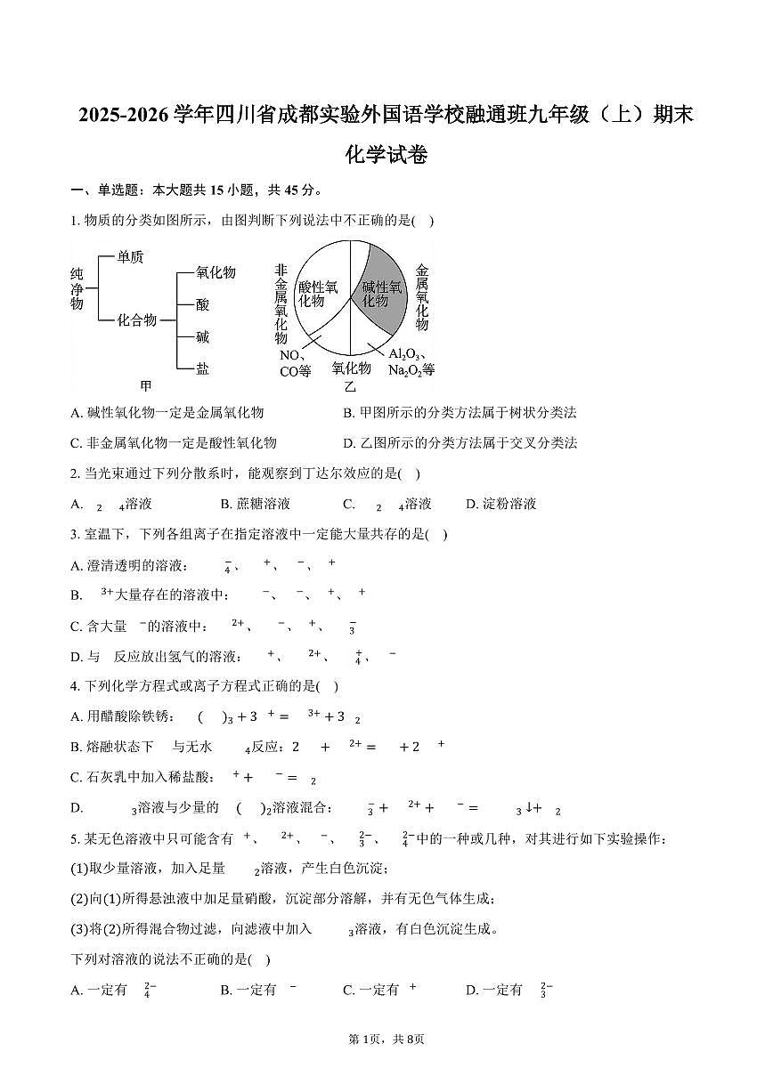 2025-2026学年四川省成都实验外国语学校融通班九年级（上）期末化学试卷（含答案）第1页