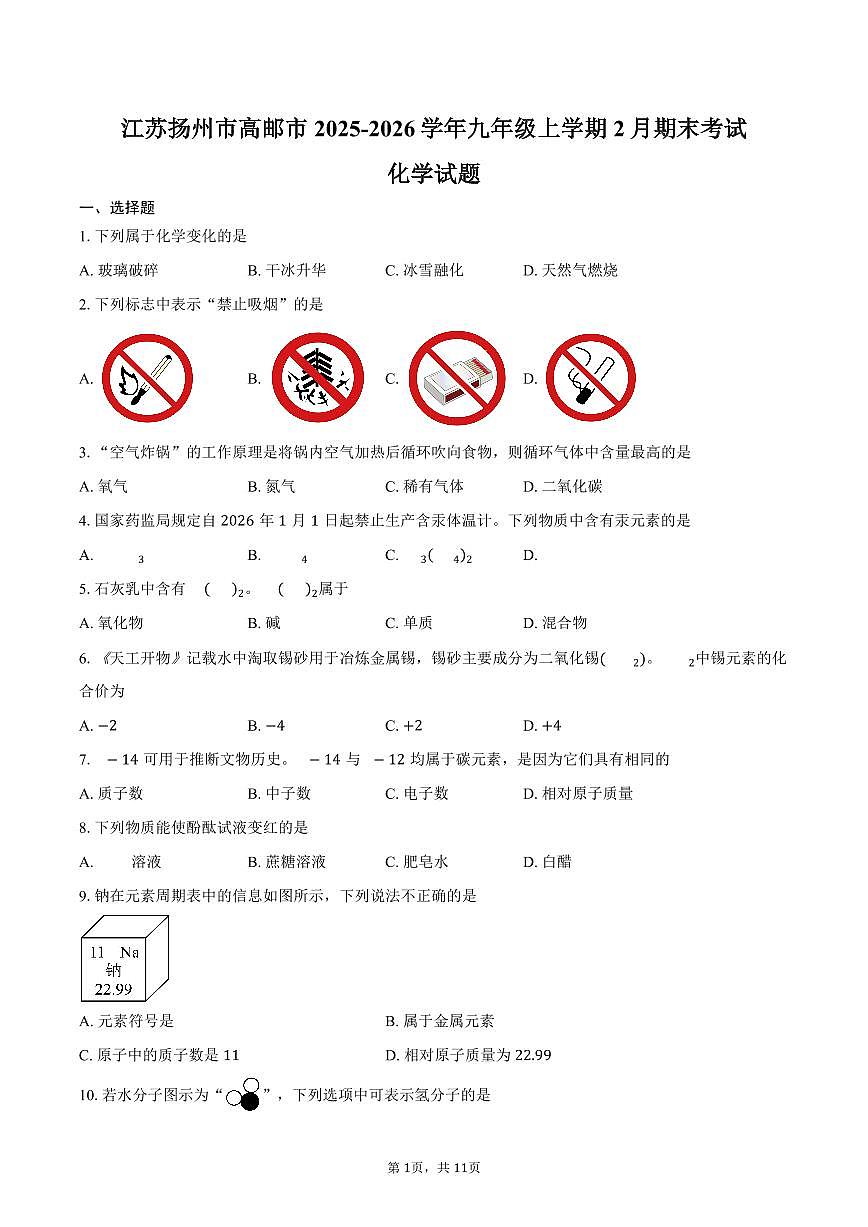 江苏扬州市高邮市2025-2026学年九年级上学期2月期末化学试卷（含答案）第1页