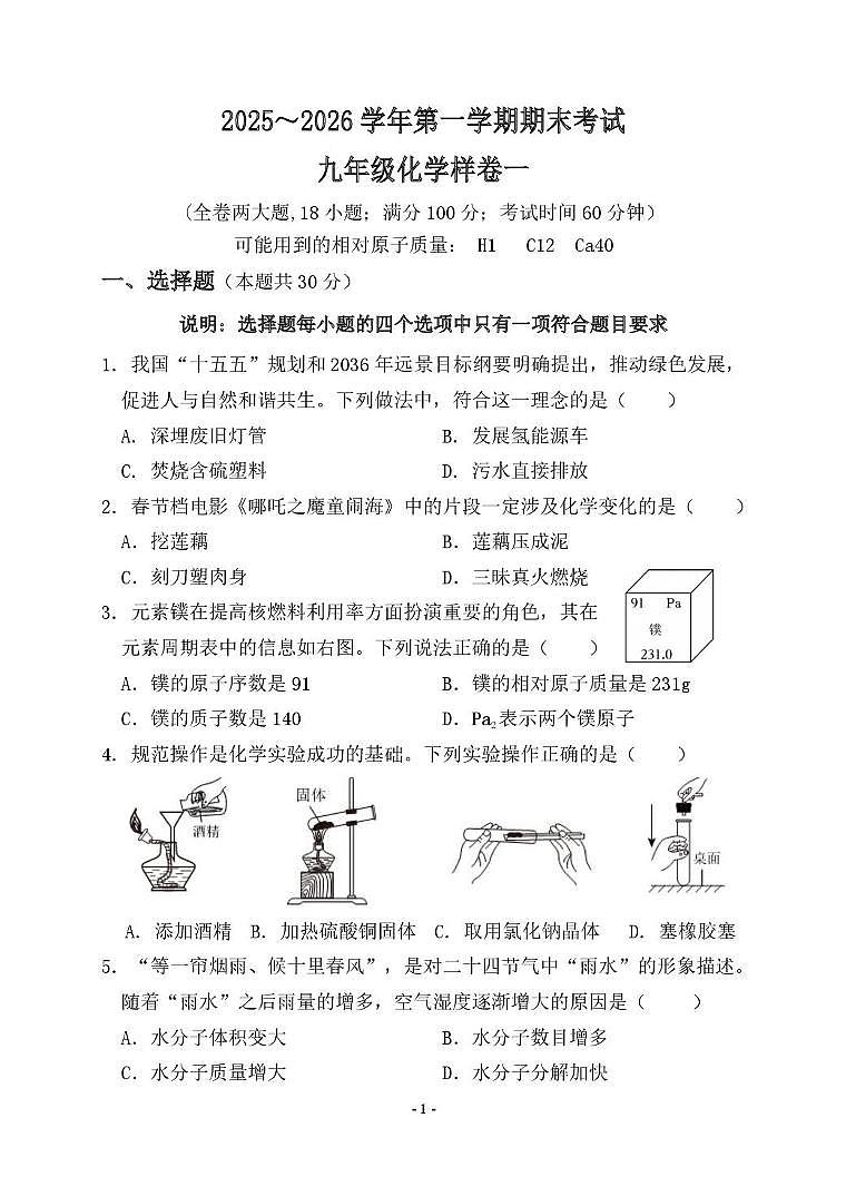 福建省漳州市漳浦县2025-2026学年九年级上学期期末考试化学试卷第1页
