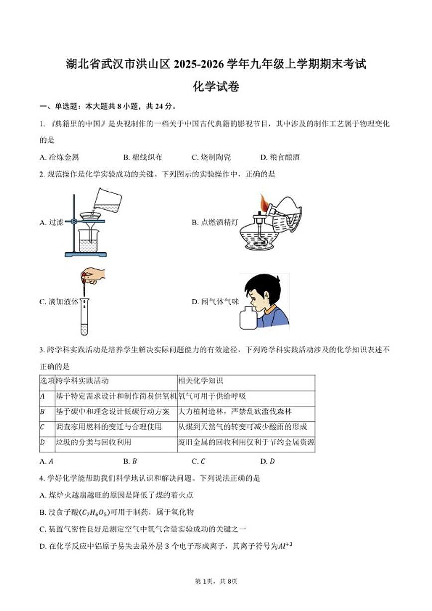 2025-2026学年湖北省武汉市洪山区九年级上学期期末考试化学试卷（含答案）第1页