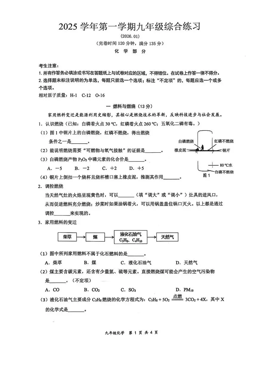 2026年上海市奉贤区中考一模九年级化学试题（含答案）第1页