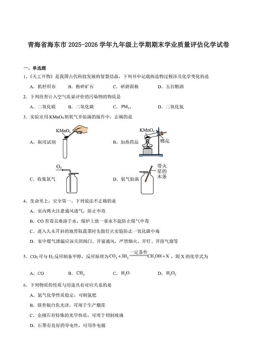 2025-2026学年青海省海东市九年级上学期期末学业质量评估化学(含答案）试卷第1页