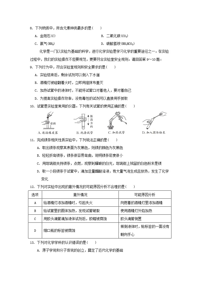 2025九年级化学上册第1章开启化学之门综合素质评价试卷及答案（沪教版）第2页