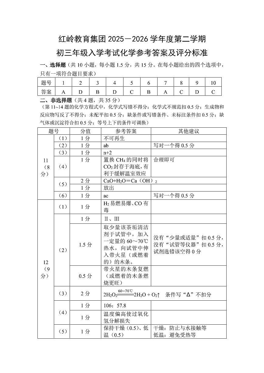 深圳市红岭教育集团2025-2026学年下学期九年级开学考化学试卷（答案）第1页