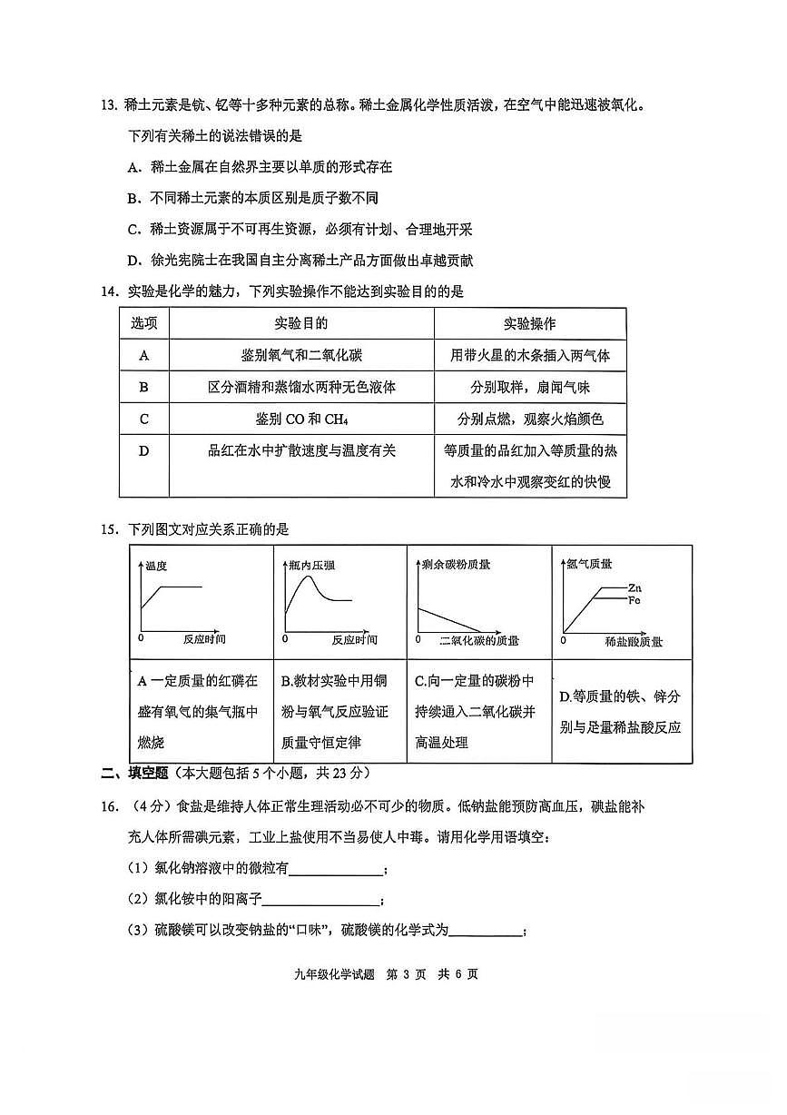 重庆市第一中学2025-2026学年九年级下学期开学质量检测化学试卷第3页