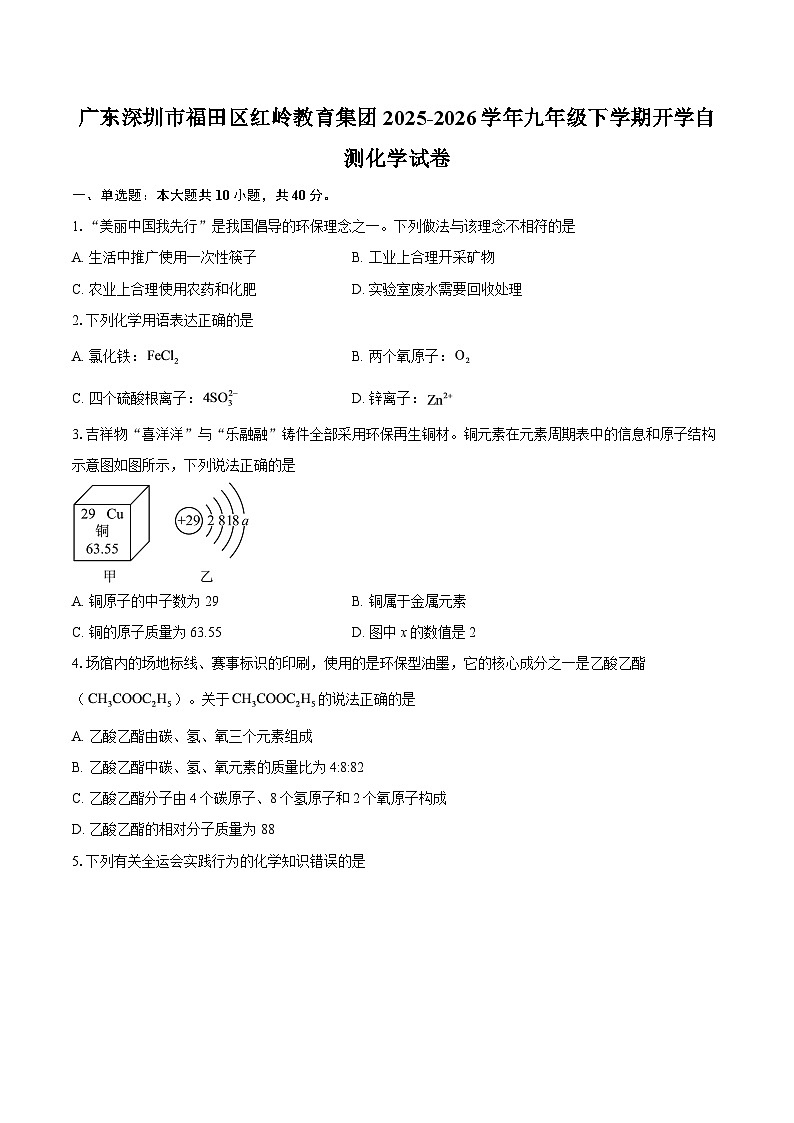 广东深圳市福田区红岭教育集团2025-2026学年九年级下学期开学自测化学试卷-自定义类型第1页