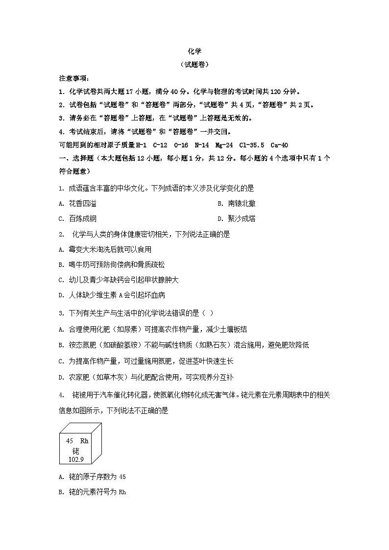 2025年安徽省合肥市化学中考模拟试卷含答案（二）第1页