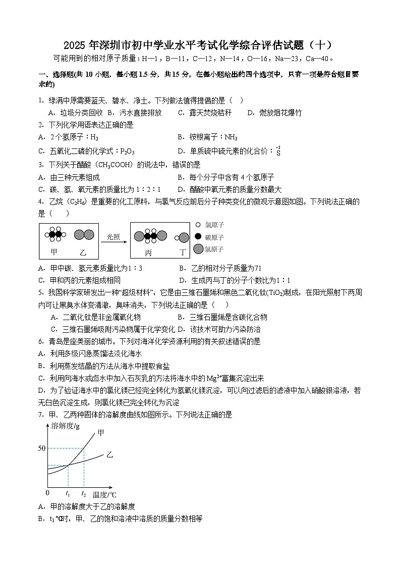 2025年广东省深圳市初中学业水平考试化学综合评估试题（十）含答案第1页