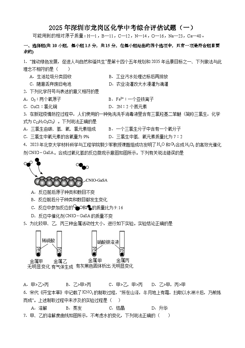 2025年广东省深圳市龙岗区化学中考模拟试卷含答案（一）第1页