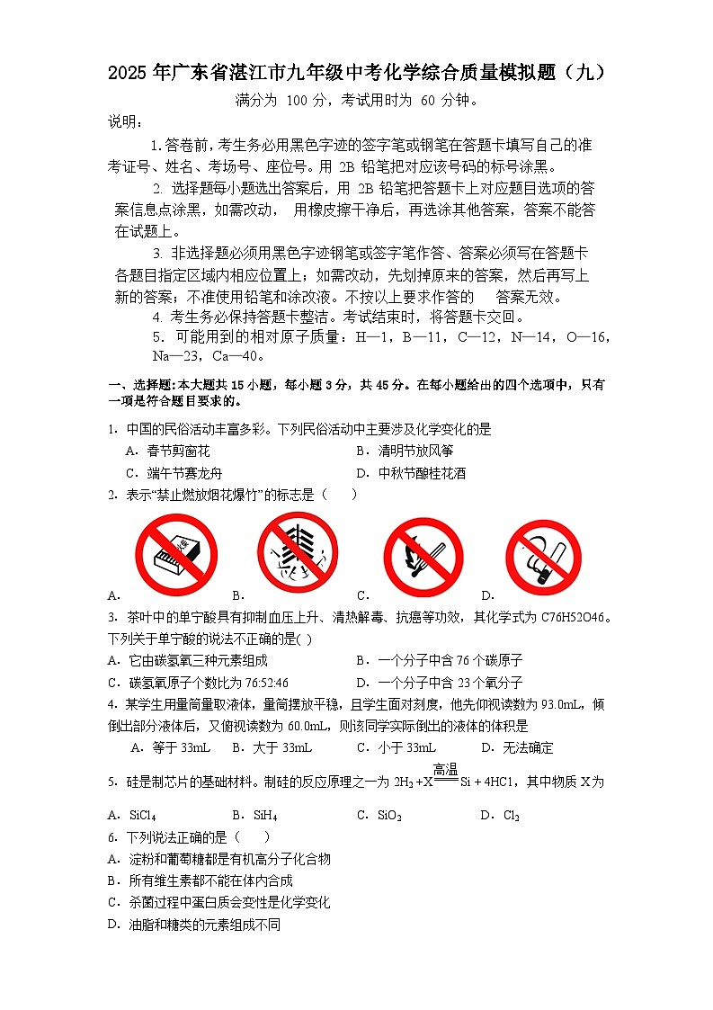 2025年广东省湛江市化学中考模拟试卷含答案（九）第1页