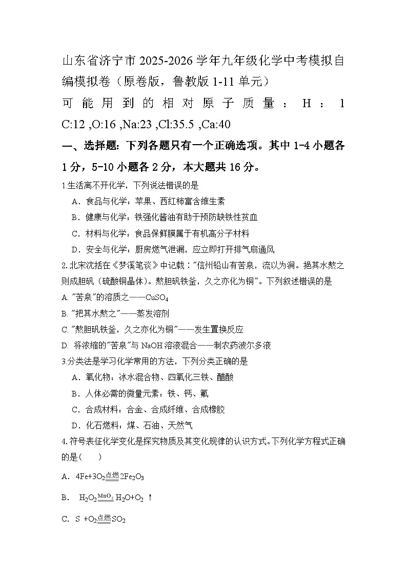山东省济宁市2025-2026学年九年级化学中考模拟自编模拟卷（7)(原卷版，鲁教版1-11单元）第1页