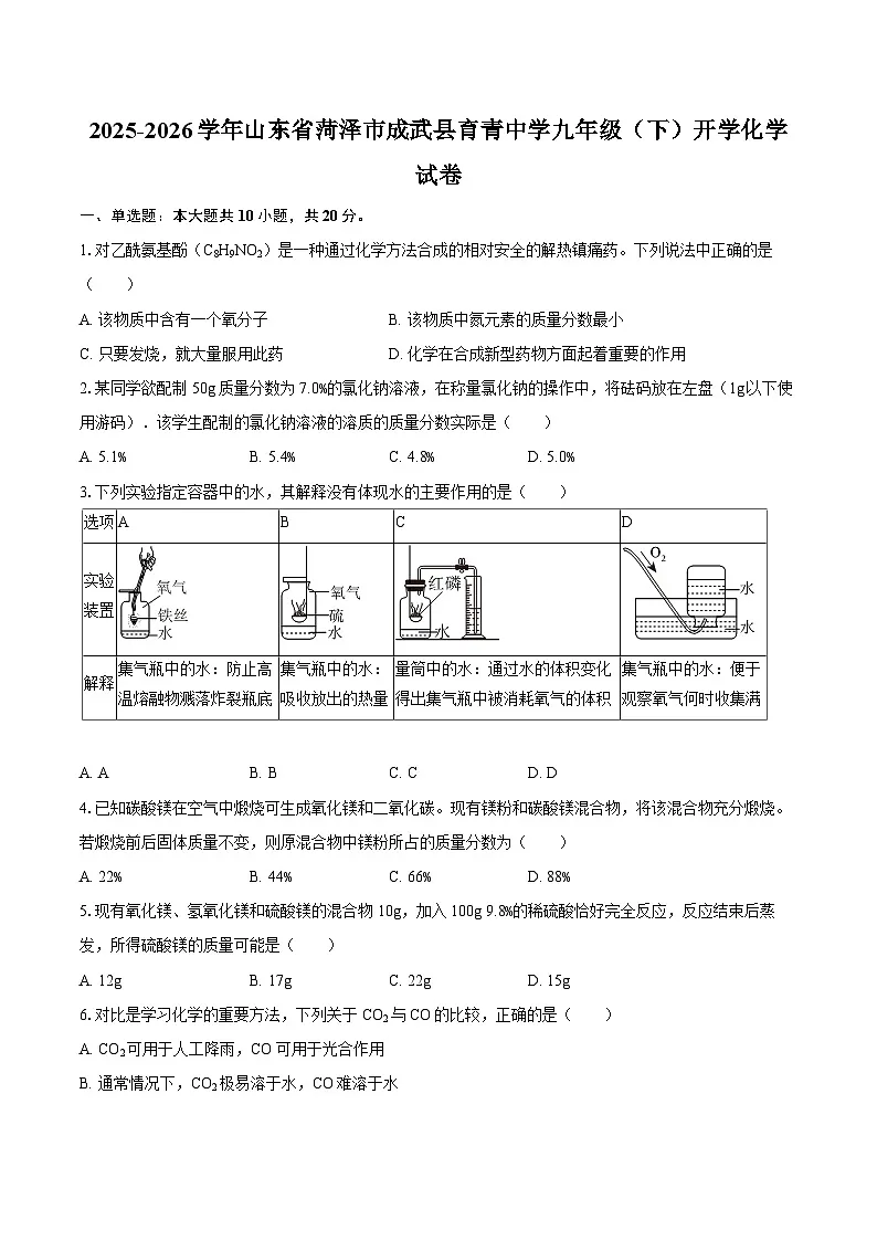 2025-2026学年山东省菏泽市成武县育青中学九年级（下）开学化学试卷-自定义类型第1页