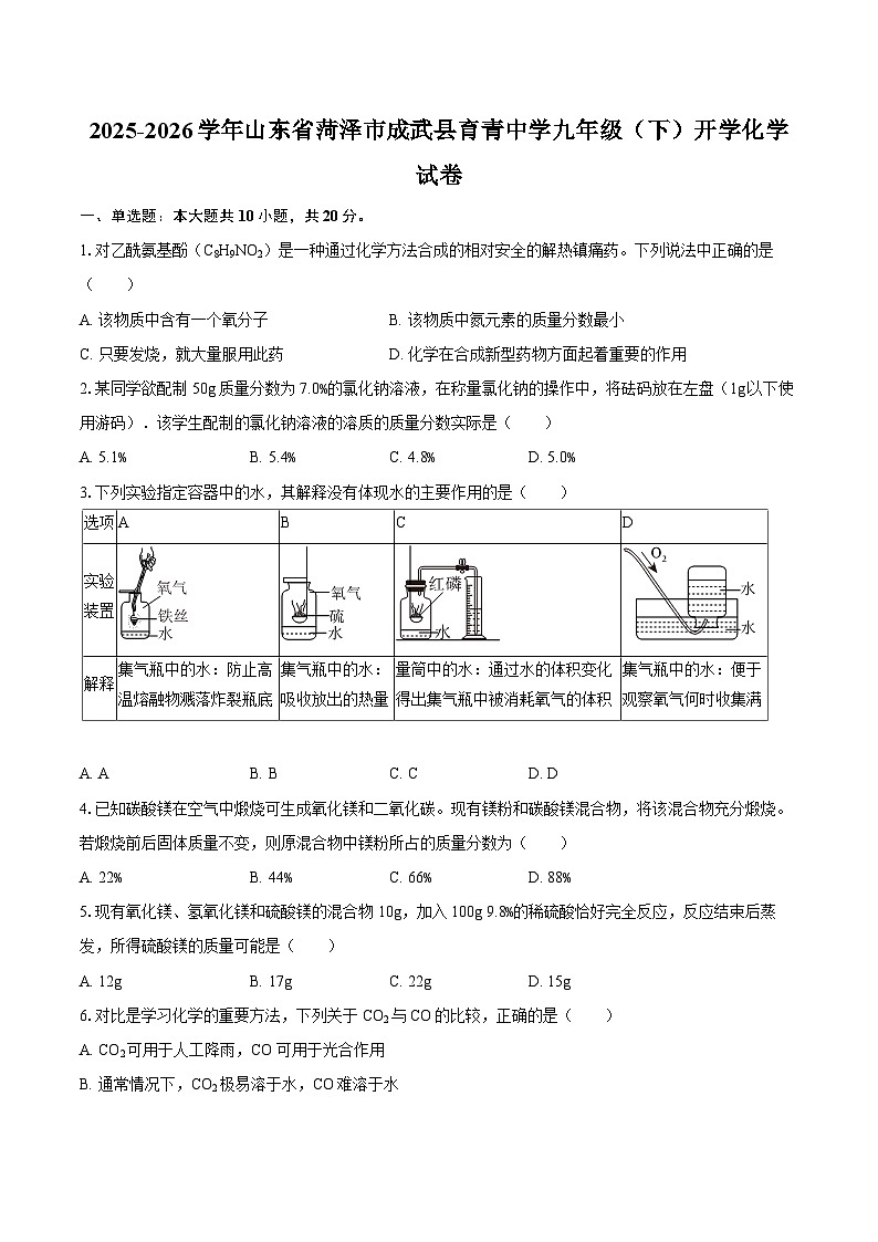 2025-2026学年山东省菏泽市成武县育青中学九年级（下）开学化学试卷-自定义类型第1页