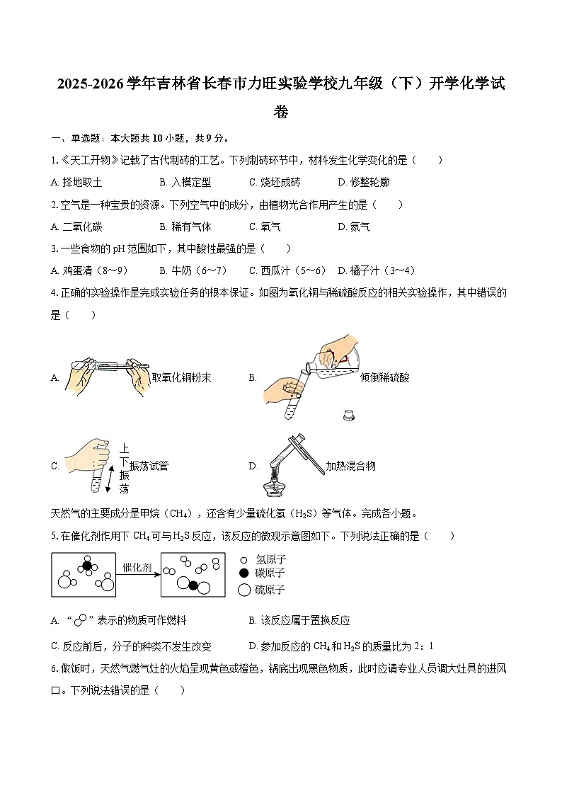 2025-2026学年吉林省长春市力旺实验学校九年级（下）开学化学试卷-自定义类型第1页