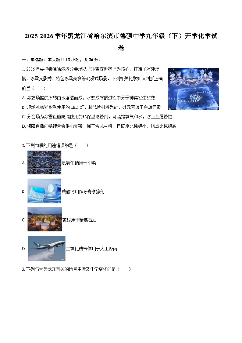 2025-2026学年黑龙江省哈尔滨市德强中学九年级（下）开学化学试卷-自定义类型第1页