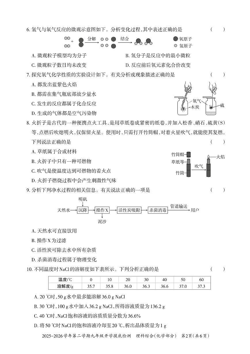 【化学】2025-2026学年第二学期九年级开学摸底检测第2页