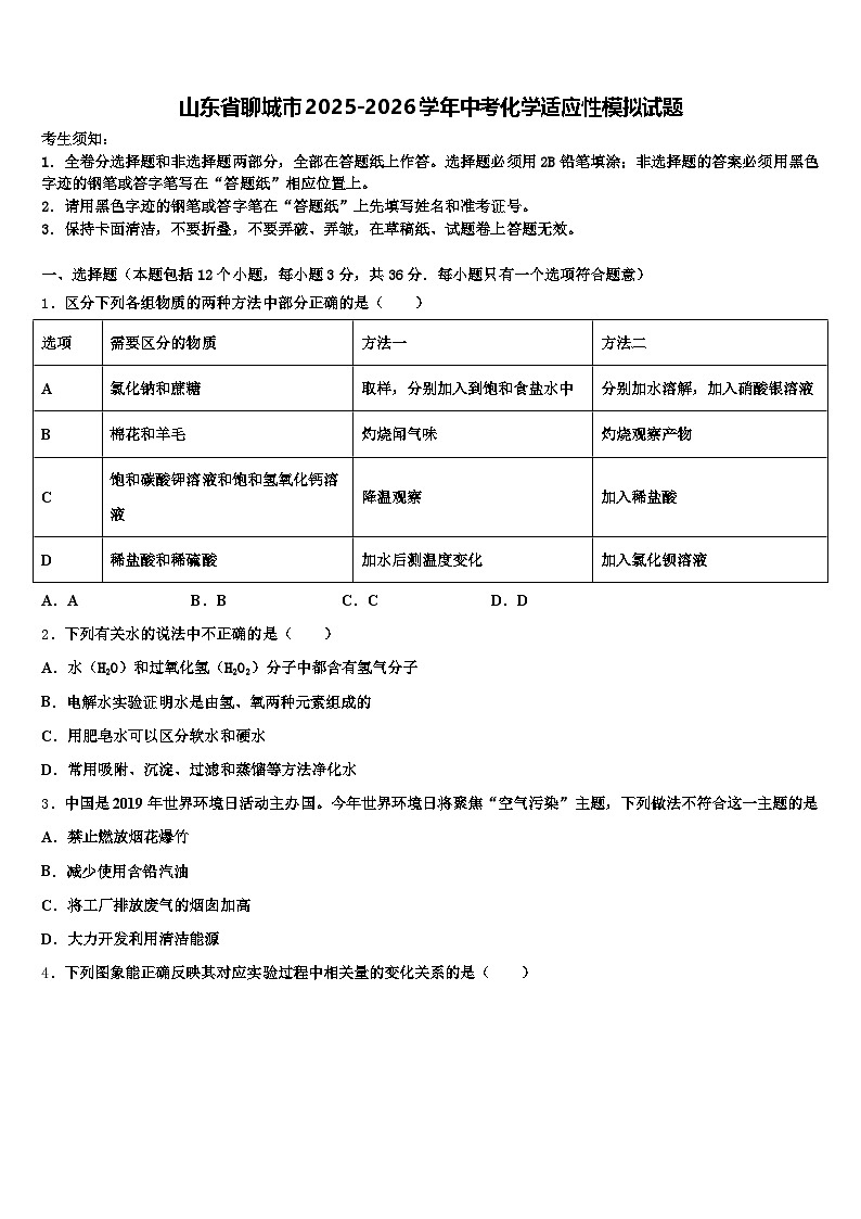山东省聊城市2025-2026学年中考化学适应性模拟试题（含答案解析）第1页