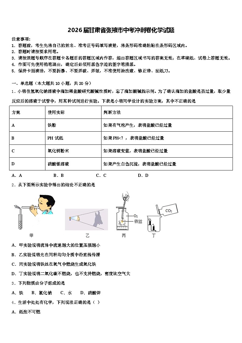 2026届甘肃省张掖市中考冲刺卷化学试题（含答案解析）第1页