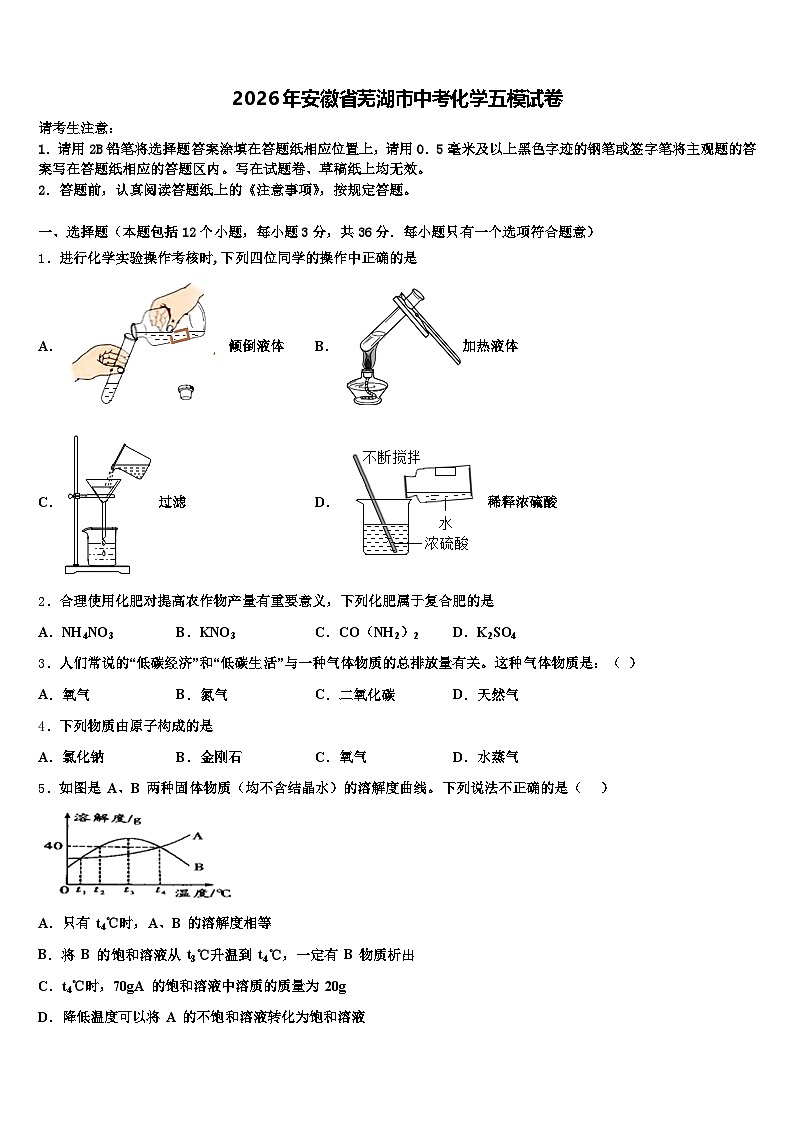 2026年安徽省芜湖市中考化学五模试卷（含答案解析）第1页