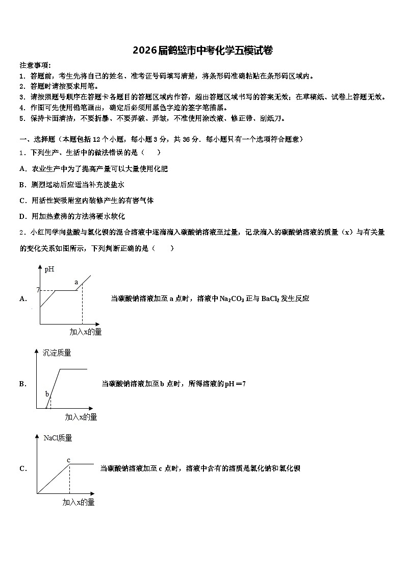 2026届鹤壁市中考化学五模试卷（含答案解析）第1页