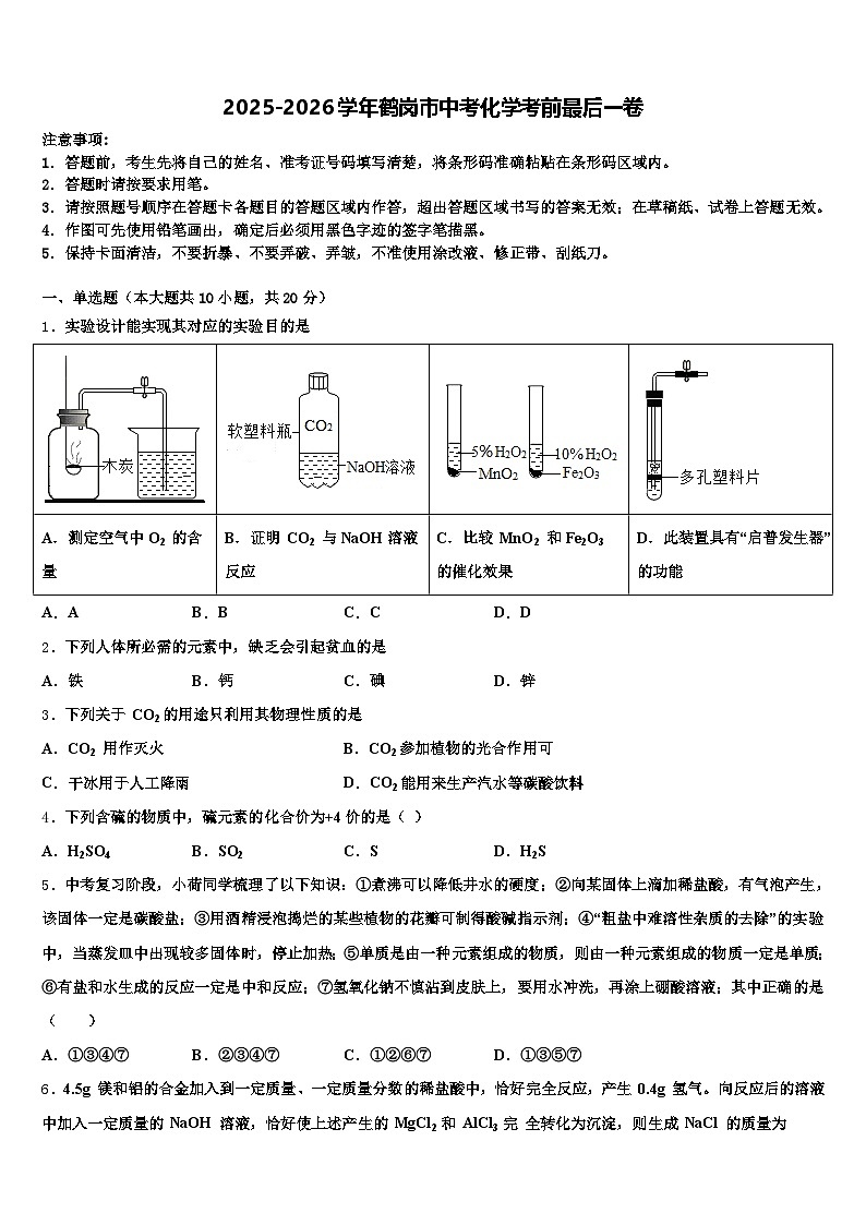 2025-2026学年鹤岗市中考化学考前最后一卷（含答案解析）第1页