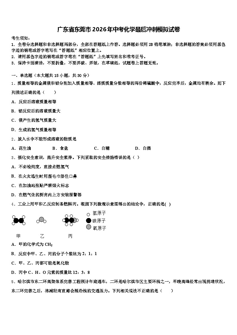 广东省东莞市2026年中考化学最后冲刺模拟试卷（含答案解析）第1页