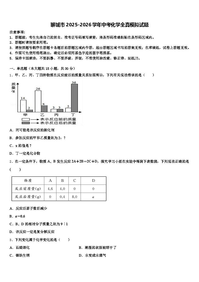 聊城市2025-2026学年中考化学全真模拟试题（含答案解析）第1页