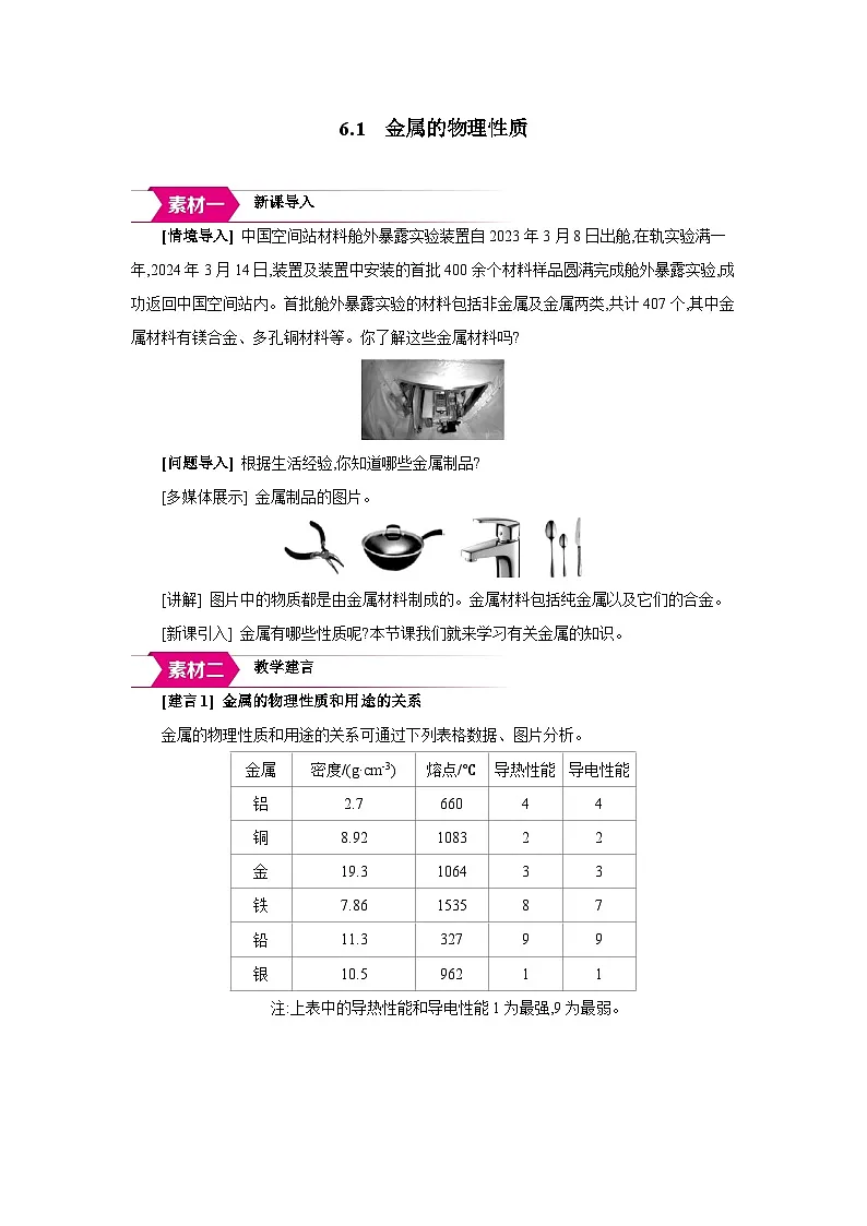 科粤版九年级化学下册6.1金属的物理性质备课素材教案第1页