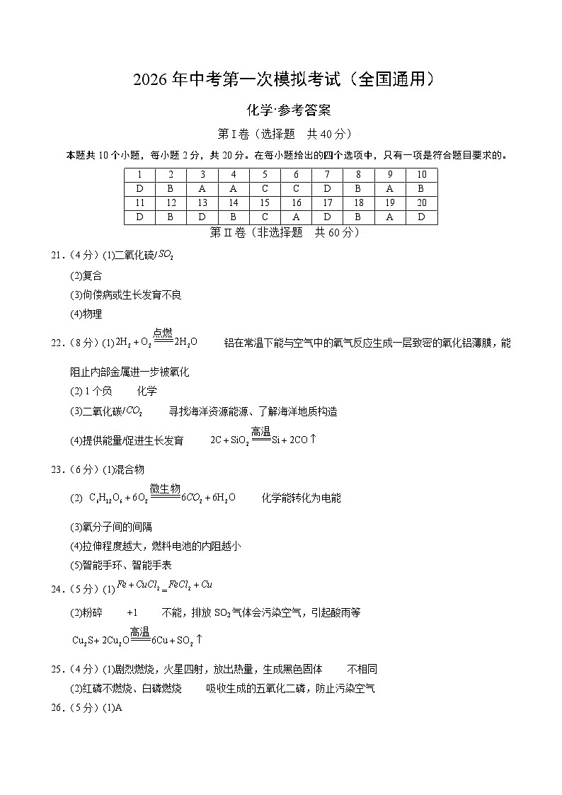 化学一模提分卷02（全国通用）（参考答案及评分标准）第1页