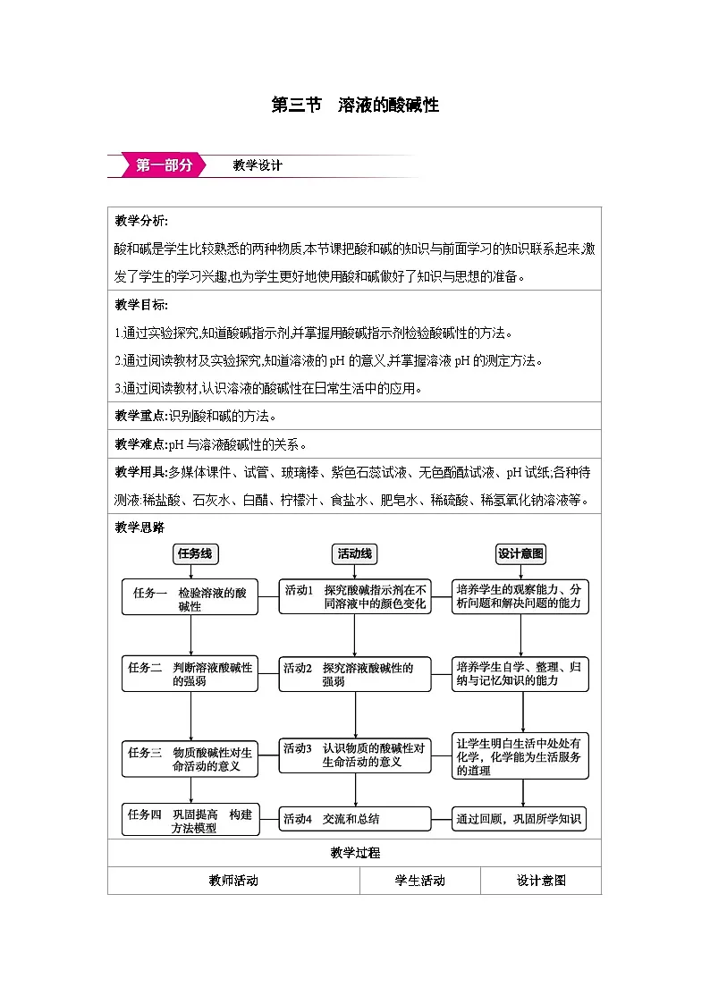 鲁教版九年级化学下册第七单元认识酸和碱第三节溶液的酸碱性教案第1页