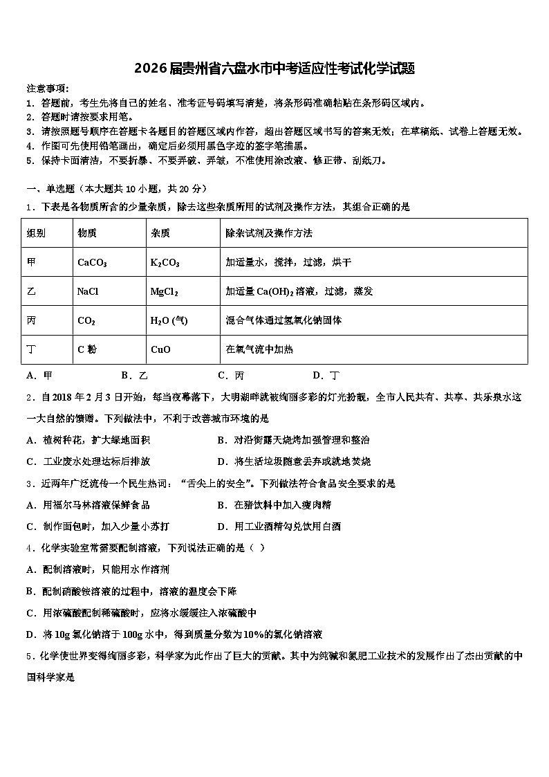 2026届贵州省六盘水市中考适应性考试化学试题（含答案解析）第1页