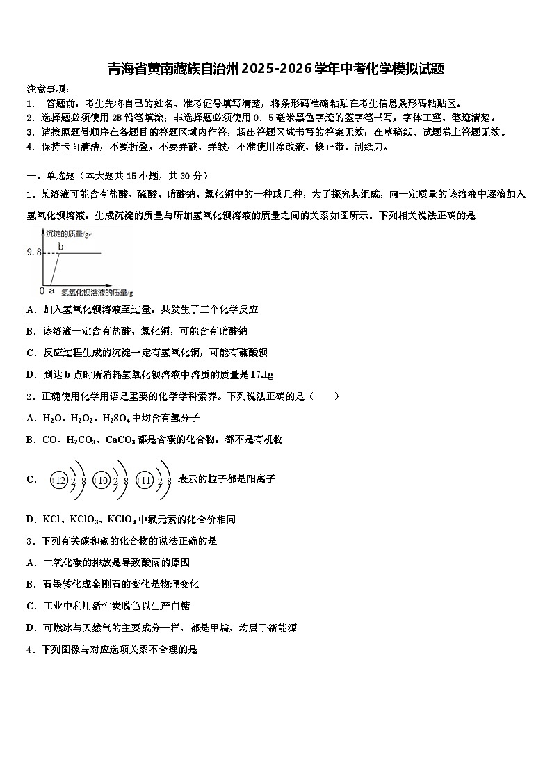 青海省黄南藏族自治州2025-2026学年中考化学模拟试题（含答案解析）第1页