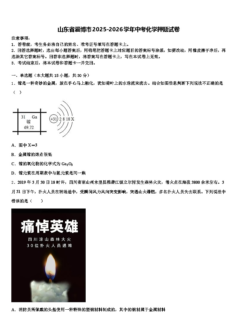 山东省淄博市2025-2026学年中考化学押题试卷（含答案解析）第1页
