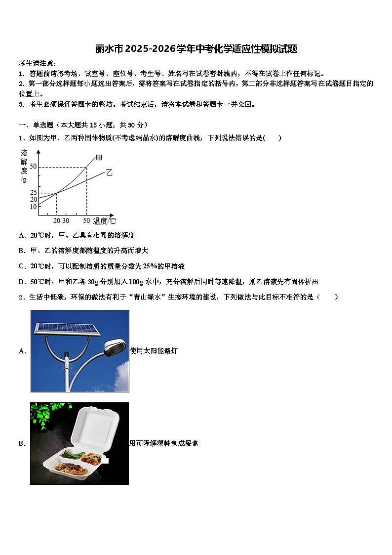 丽水市2025-2026学年中考化学适应性模拟试题（含答案解析）第1页